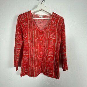 TSE Womens Red Beige Abstract Pattern Cashmere V-Neck Sweater Medium Pullover
